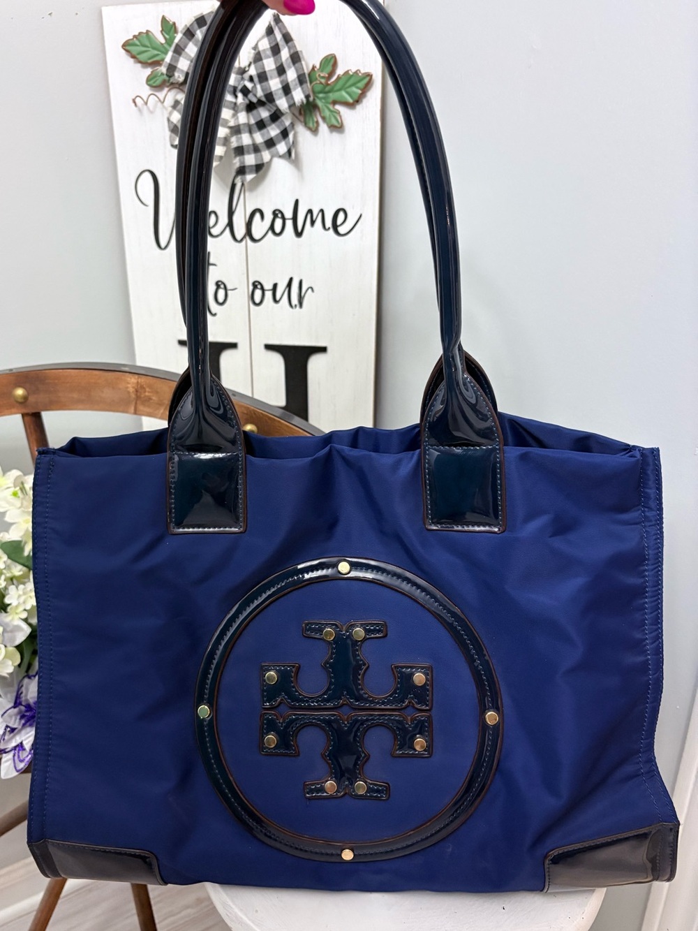 Tory Burch Ella Dark Navy Nylon Tote with Patent Trim and Logo Medallion